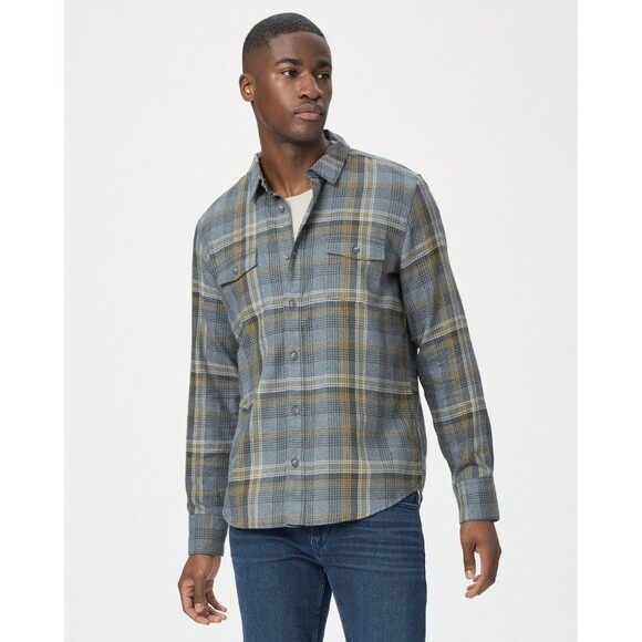 PAIGE Flannel Everett Shirt Midnight Orchard Plaid Long Sleeve Button Up Men's M - Picture 1 of 10